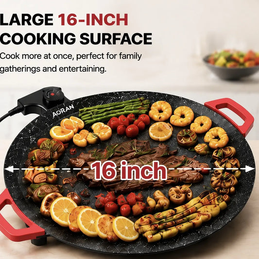 AORAN 16-Inch Nonstick Electric Grill Pan with Temperature Control - Kitchen Appliances Electric Griddle for Indoor Grill & Fry, Family Dinners