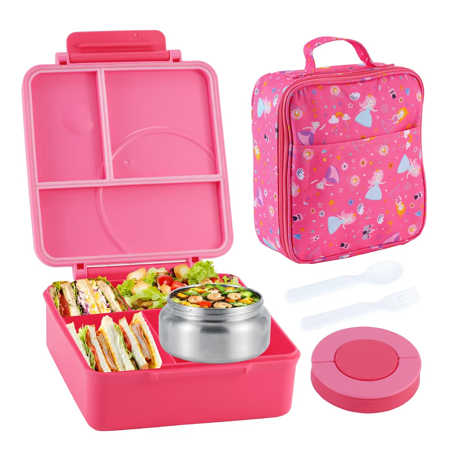 Chiclab Thermal Insulation Bento Lunch Box - 4 Compartments, 8Oz Leakproof Soup Thermos, Back to School School Lunch Pack, Keeps Hot Food Hot up to 6H for Travel