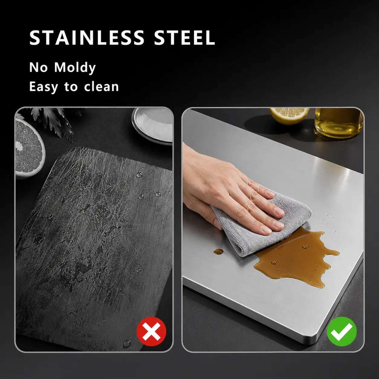 Stainless Steel Chopping Board - Anti-Slip Base, Mold-Resistant Kitchen Supply, Minimalist Essential Household Kitchen Accessory for Knife Use, Home Decor