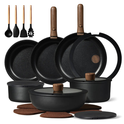 [Official]Carote 19/22/26Pcs Pots and Pans Non Stick, Wooden Detachable Handle, Cookware Sets Induction Kitchen Pots and Pans,Nonstick Cooking Set, Oven/Dishwasher/Fridge Safe, Space Saving, Fry, Silicone, Pots and Pans Set