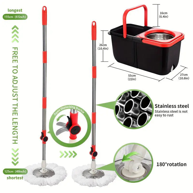 Microfiber Floor Mop with Bucket Set - 360° Rotating Mop Head, 3 Washable Microfiber Heads, 61/48-Inch Adjustable Long Handle, Efficient Cleaning Supplies for Households, 61 In