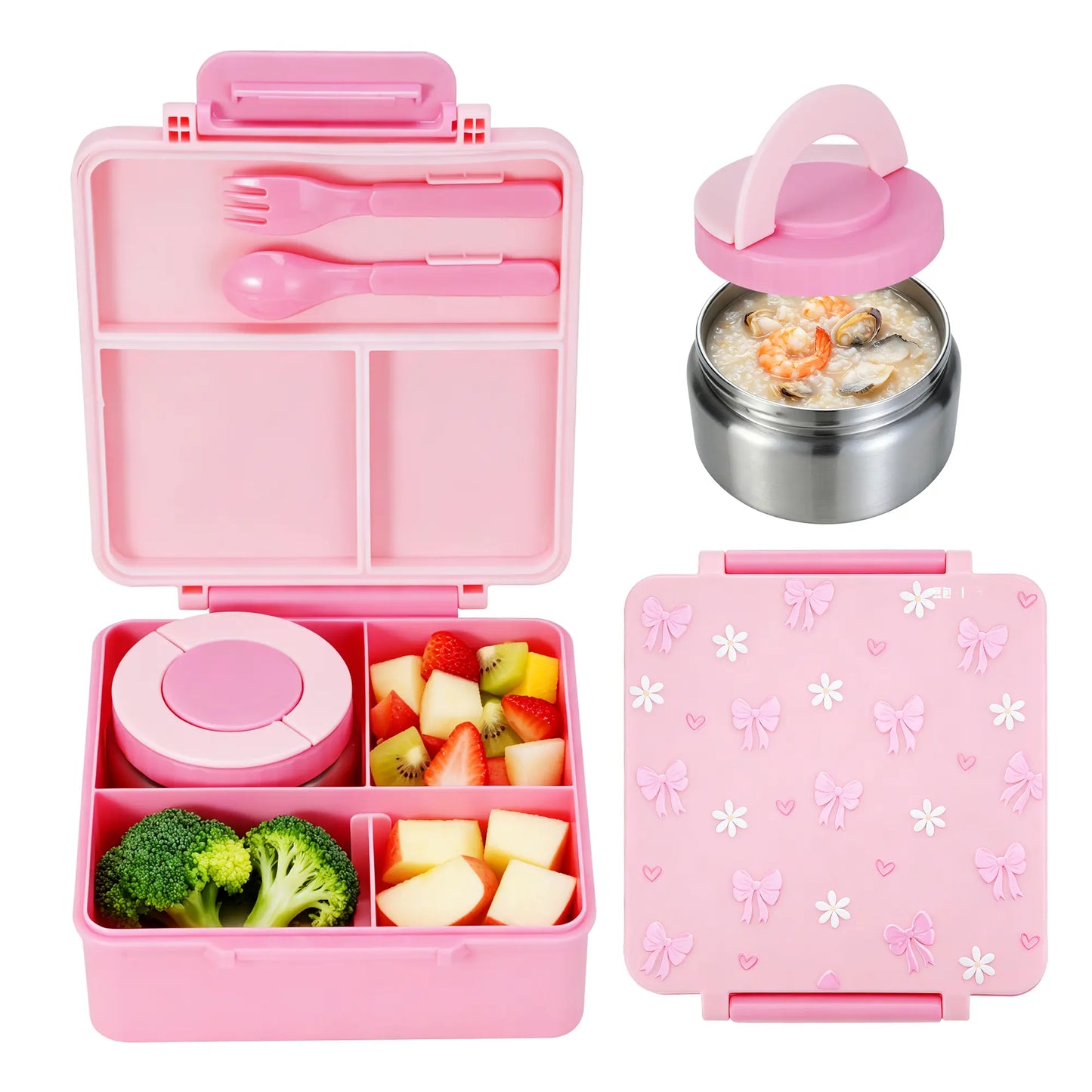 Chiclab Thermal Insulation Bento Lunch Box - 4 Compartments, 8Oz Leakproof Soup Thermos, Back to School School Lunch Pack, Keeps Hot Food Hot up to 6H for Travel