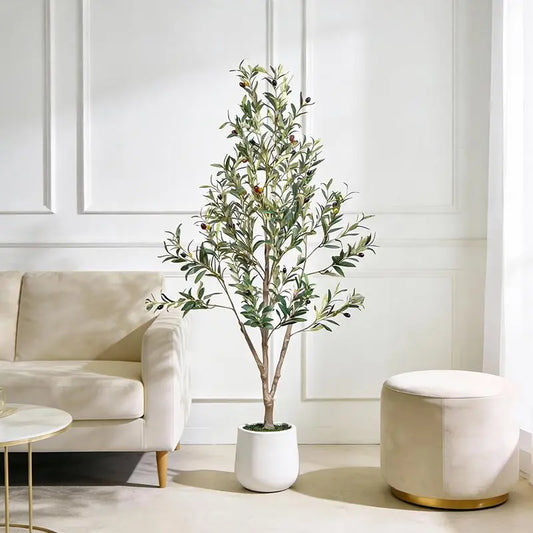 Artificial Olive Tree (5 Ft / 6 Ft / 7 Ft) — Indoor Faux Olive Tree with Tall White Planter — Realistic Faux Plant Featuring Natural Wood Trunk and Lifelike Fruit — Ideal for Home and Office Decor.,Dorm Decor,Dorm Room Decor