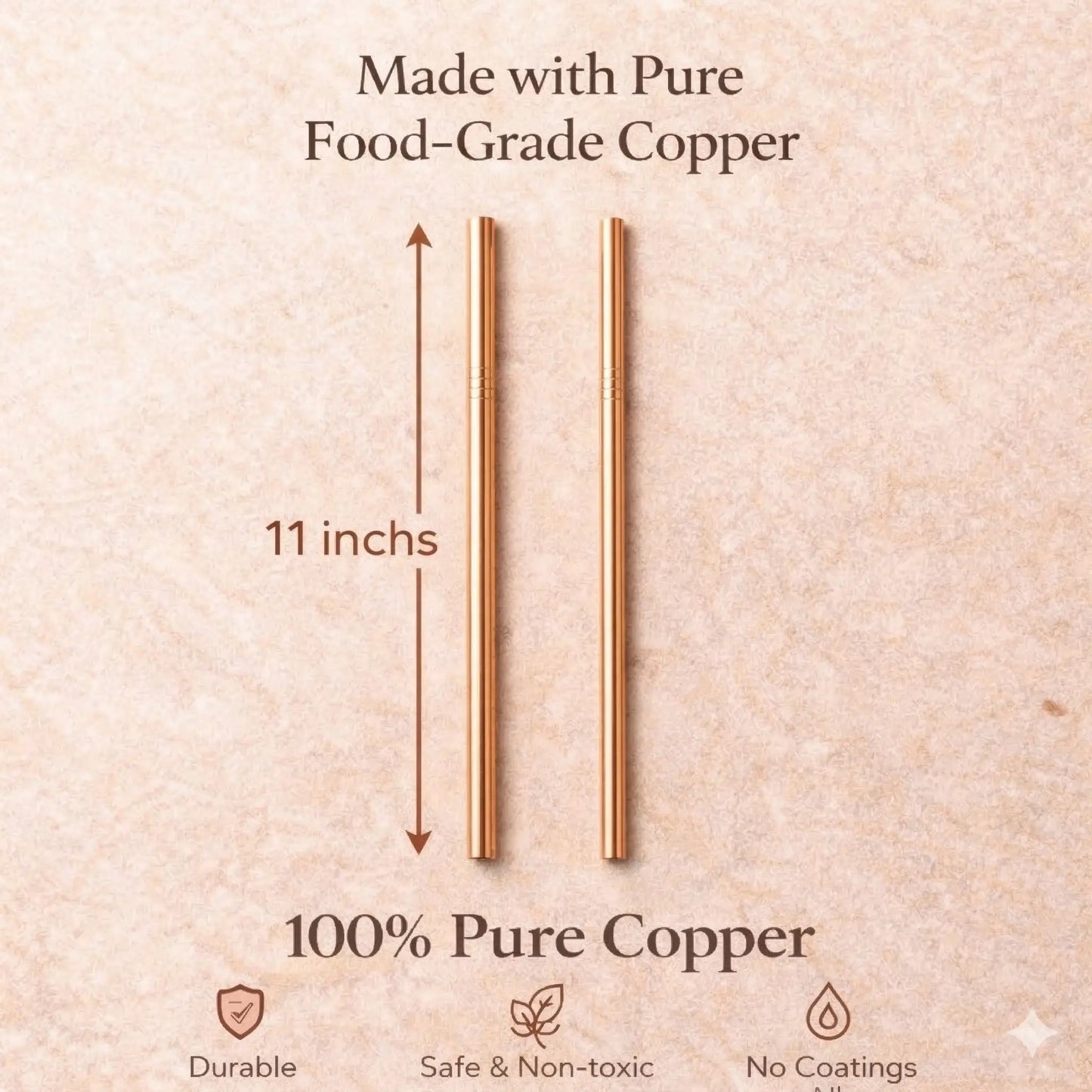 Livingnish Elegant 11-In Pure Copper Reusable Metal Drinking Straws, 2-Piece Set for Moscow Mule Mugs, Everyday Hydration & Livingnish Copper Water Bottle Compatibility