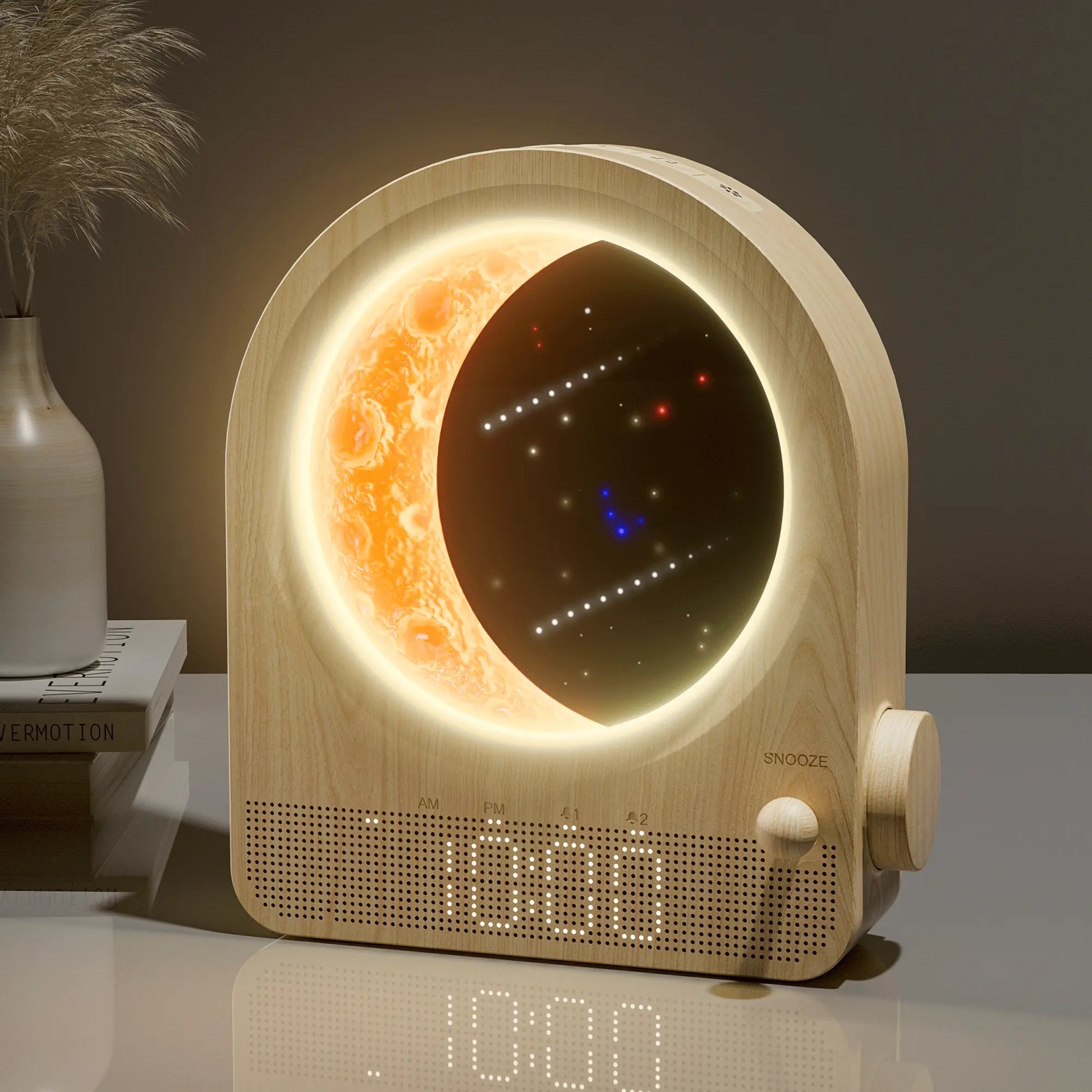 Blonbar Plastic Adjustable Digital Sunrise Alarm Clock - Home Accessory Decor, White Noise Sleep Aid, Moonlight & Meteor Projection, Dimmable Night Light, Star Elements, Nature Songs, Ideal Gift for Roommates