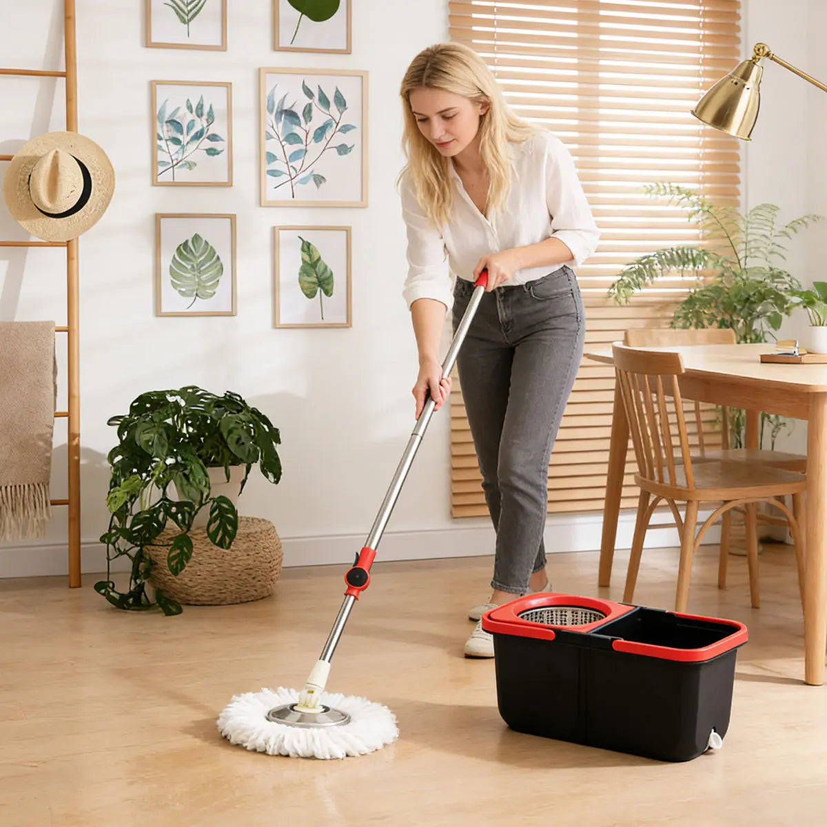 Microfiber Floor Mop with Bucket Set - 360° Rotating Mop Head, 3 Washable Microfiber Heads, 61/48-Inch Adjustable Long Handle, Efficient Cleaning Supplies for Households, 61 In