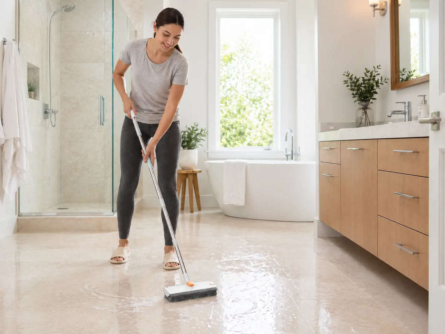 Snofrid Floor Scrub Brush, 3 in 1 Floor Scrub Brush with 54-In Adjustable Long Handle and Scraper Heavy Duty Stiff Bristle Floor Scrubber for Cleaning Shower Bathroom Kitchen Patio Garage Pool Wall and Deck, Orange&White