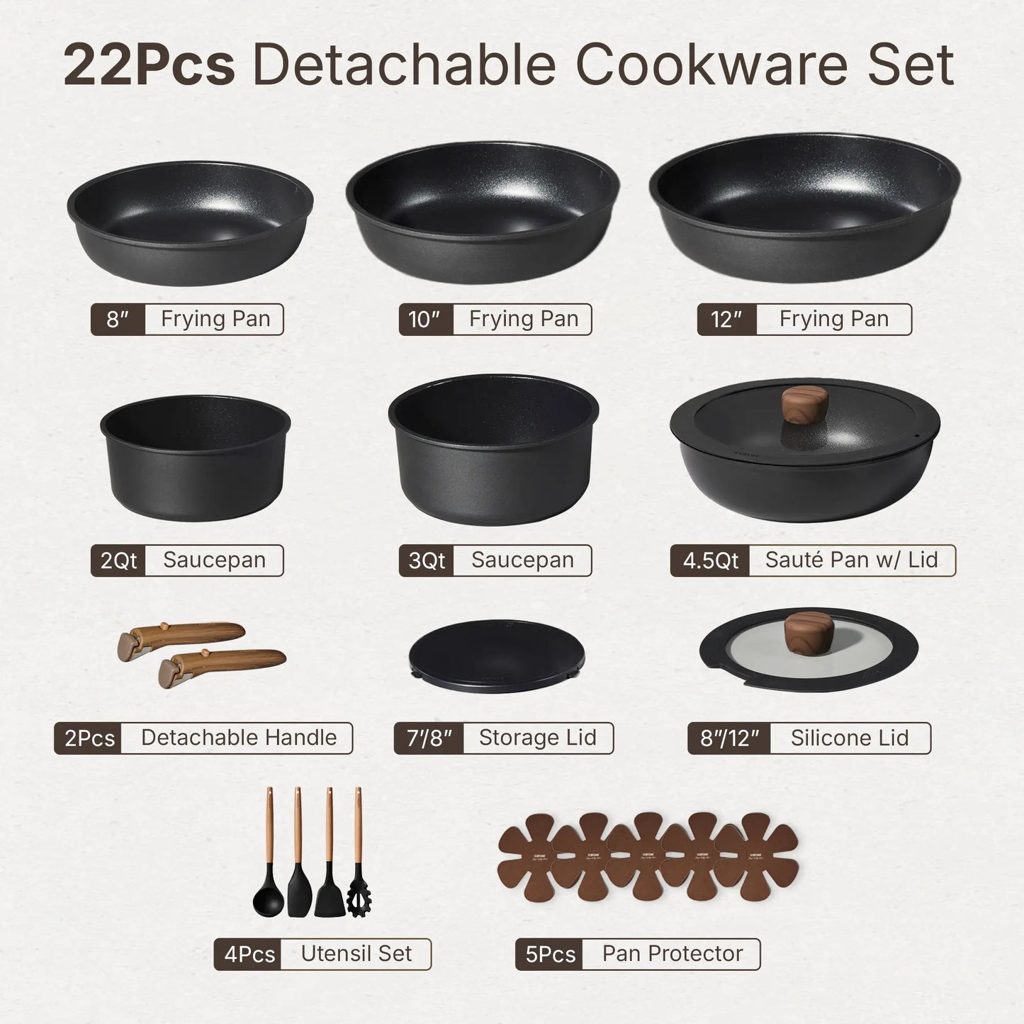 [Official]Carote 19/22/26Pcs Pots and Pans Non Stick, Wooden Detachable Handle, Cookware Sets Induction Kitchen Pots and Pans,Nonstick Cooking Set, Oven/Dishwasher/Fridge Safe, Space Saving, Fry, Silicone, Pots and Pans Set