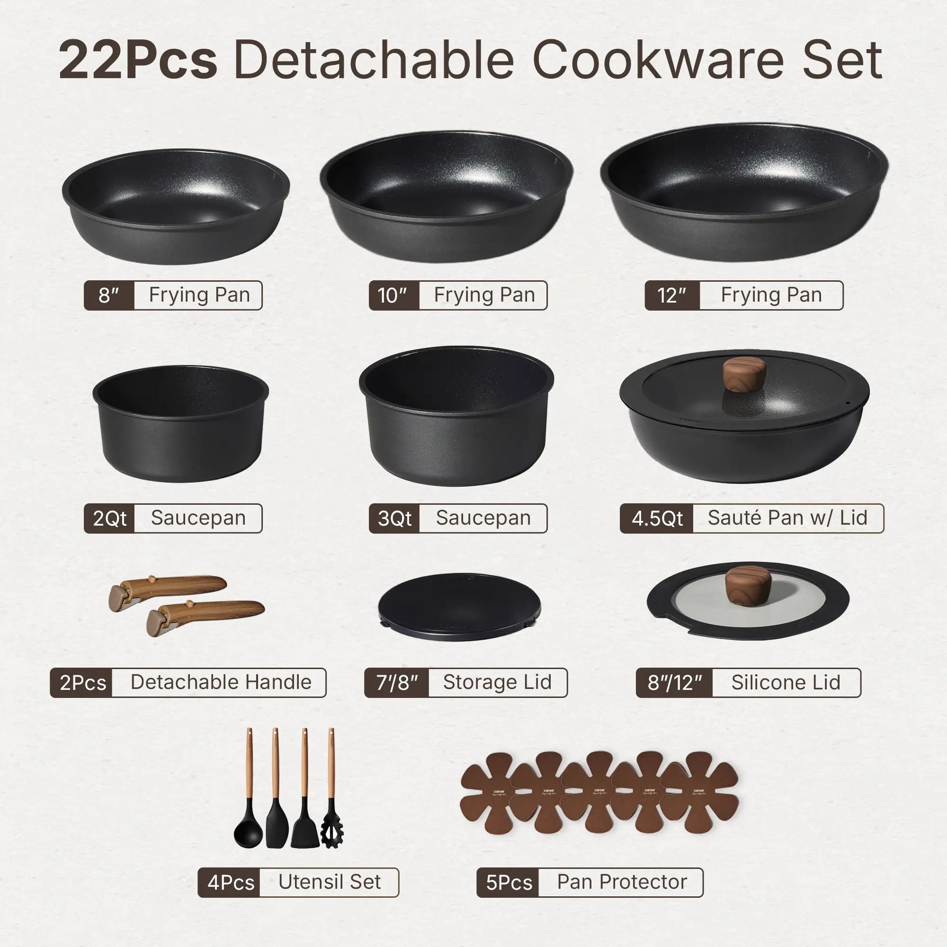 [Official]Carote 19/22/26Pcs Pots and Pans Non Stick, Wooden Detachable Handle, Cookware Sets Induction Kitchen Pots and Pans,Nonstick Cooking Set, Oven/Dishwasher/Fridge Safe, Space Saving, Fry, Silicone, Pots and Pans Set