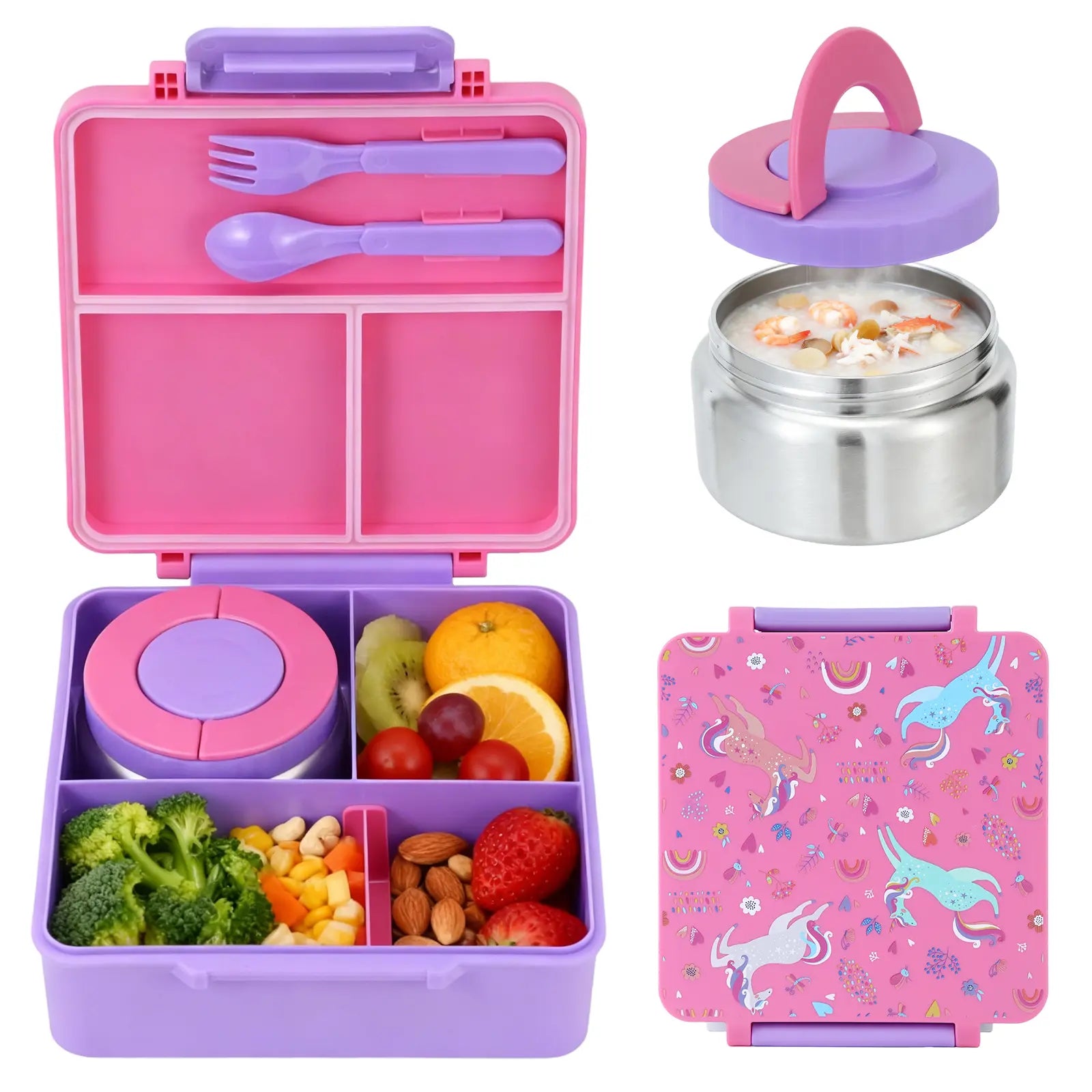 Chiclab Thermal Insulation Bento Lunch Box - 4 Compartments, 8Oz Leakproof Soup Thermos, Back to School School Lunch Pack, Keeps Hot Food Hot up to 6H for Travel