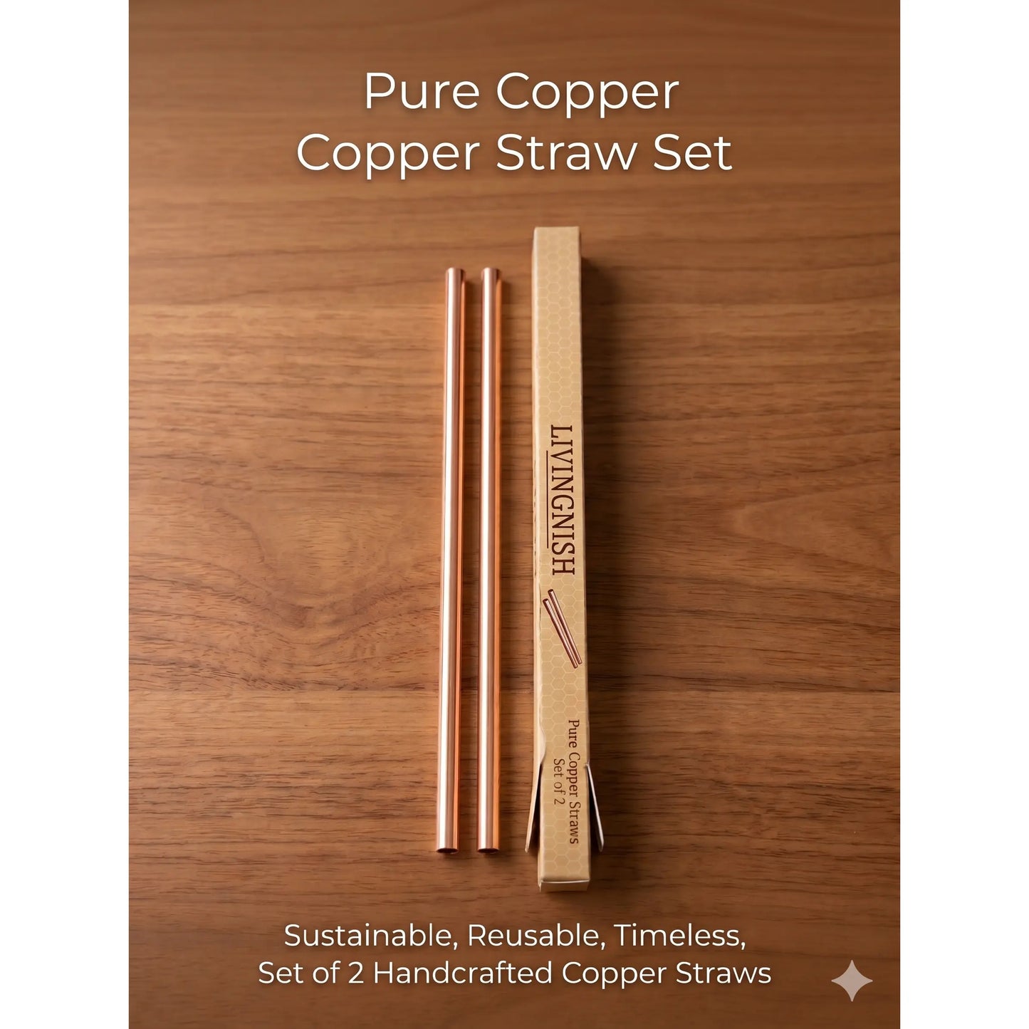 Livingnish Elegant 11-In Pure Copper Reusable Metal Drinking Straws, 2-Piece Set for Moscow Mule Mugs, Everyday Hydration & Livingnish Copper Water Bottle Compatibility