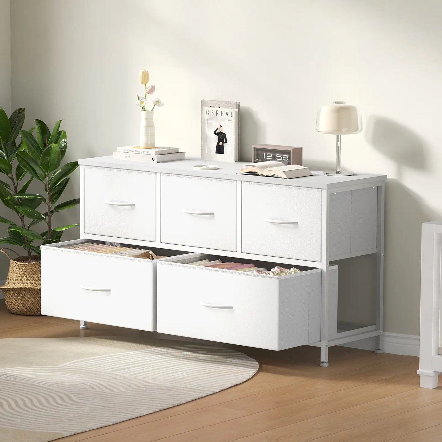 【Back to School】5-Drawer Fabric Storage Tower Dresser, Solid, Stable, Multifunctional Cupboard Cabinet with Fabric Bins, Apartment Furniture for Bedroom Closet Organization, Entryway Use, Room Accessories, Aesthetic Decor, Living Room Decorations