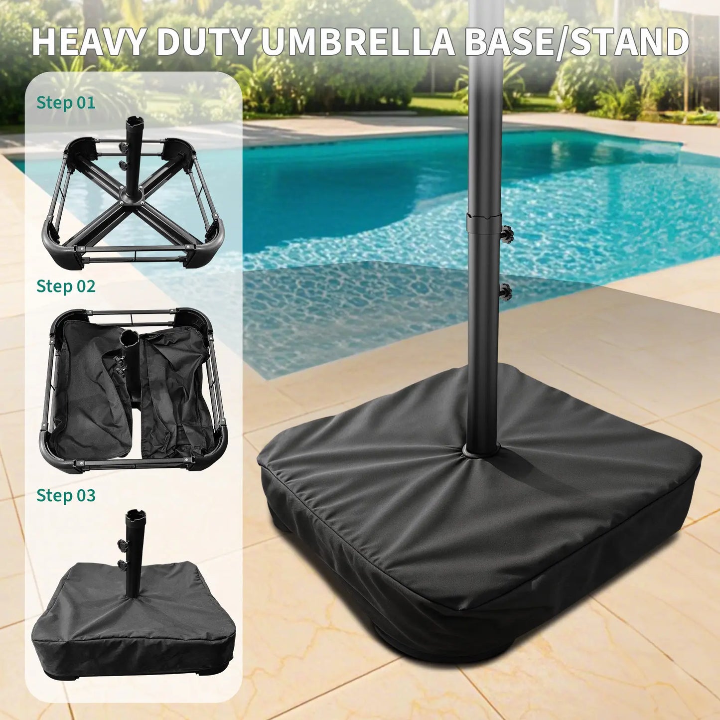 [Summervibes] Garvee 15Ft Large Outdoor Patio Umbrella with Base – LED Light Option, Double-Sided, Crank Handle, Waterproof, Comes with Weighted Base and Sandbag, Accommodates 10 People, Great for Poolside, Garden, Lawn, Backyard, Deck and Beach
