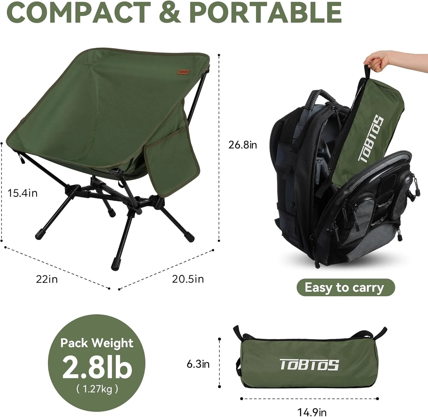 Ultralight Camping Chair, 2.8Lb Folding Chair with Carry Bag, Portable for Outdoor, Hiking & Beach (Green)