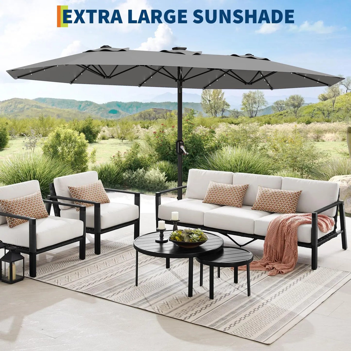 [Summervibes] Garvee 15Ft Large Outdoor Patio Umbrella with Base – LED Light Option, Double-Sided, Crank Handle, Waterproof, Comes with Weighted Base and Sandbag, Accommodates 10 People, Great for Poolside, Garden, Lawn, Backyard, Deck and Beach