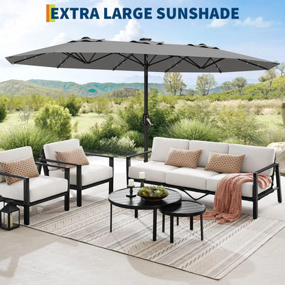 [Summervibes] Garvee 15Ft Large Outdoor Patio Umbrella with Base – LED Light Option, Double-Sided, Crank Handle, Waterproof, Comes with Weighted Base and Sandbag, Accommodates 10 People, Great for Poolside, Garden, Lawn, Backyard, Deck and Beach