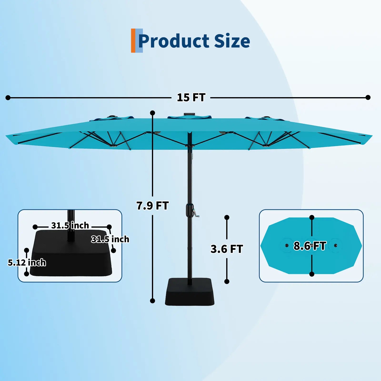 [Summervibes] Garvee 15Ft Large Outdoor Patio Umbrella with Base – LED Light Option, Double-Sided, Crank Handle, Waterproof, Comes with Weighted Base and Sandbag, Accommodates 10 People, Great for Poolside, Garden, Lawn, Backyard, Deck and Beach