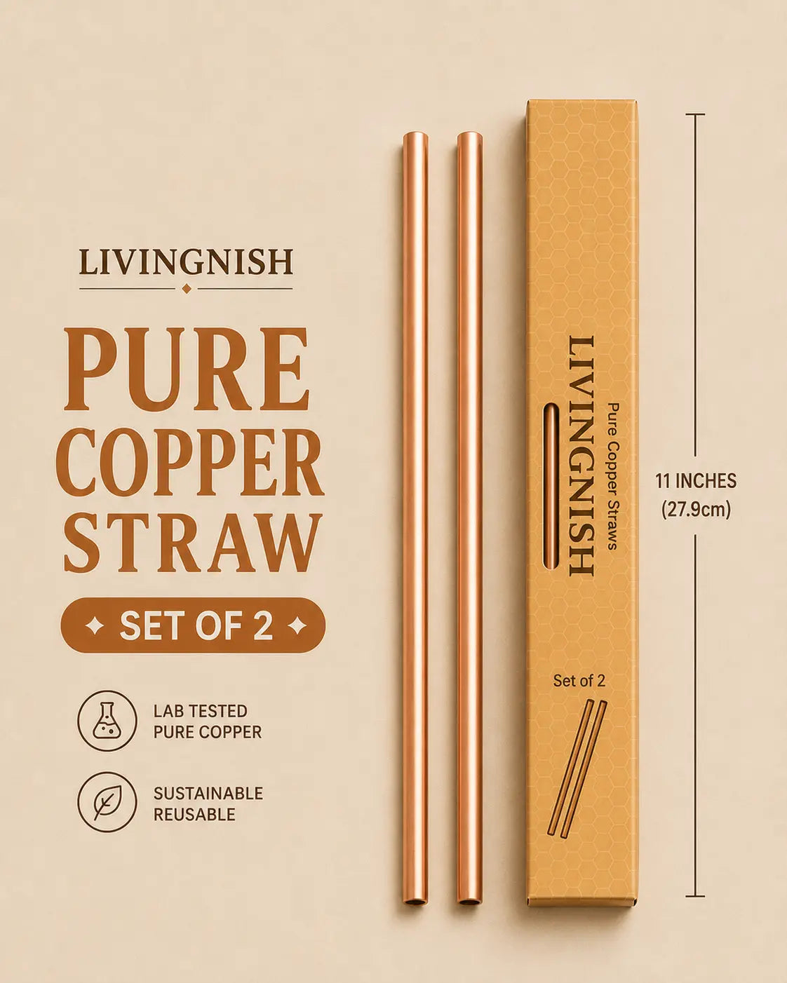 Livingnish Elegant 11-In Pure Copper Reusable Metal Drinking Straws, 2-Piece Set for Moscow Mule Mugs, Everyday Hydration & Livingnish Copper Water Bottle Compatibility