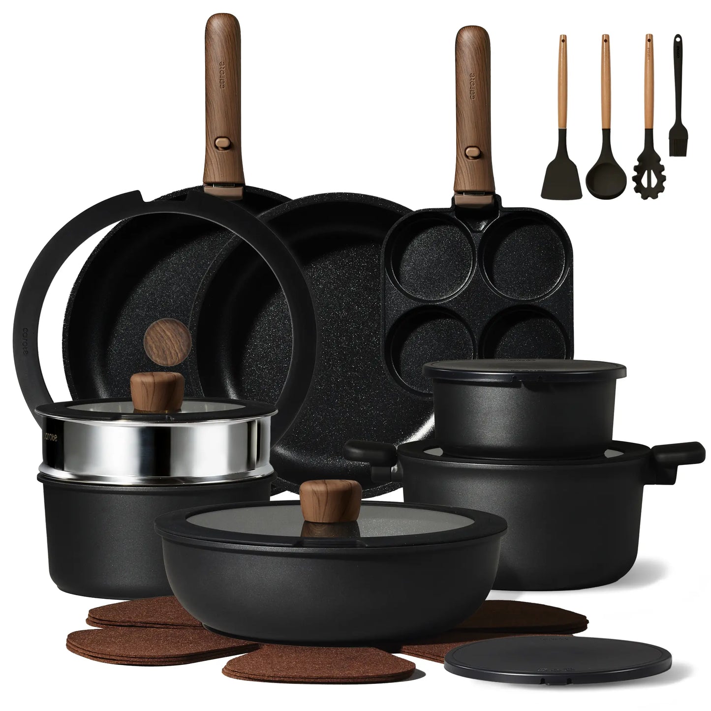[Official]Carote 19/22/26Pcs Pots and Pans Non Stick, Wooden Detachable Handle, Cookware Sets Induction Kitchen Pots and Pans,Nonstick Cooking Set, Oven/Dishwasher/Fridge Safe, Space Saving, Fry, Silicone, Pots and Pans Set