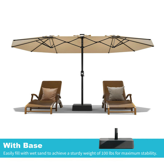 [Summervibes] Garvee 15Ft Large Outdoor Patio Umbrella with Base – LED Light Option, Double-Sided, Crank Handle, Waterproof, Comes with Weighted Base and Sandbag, Accommodates 10 People, Great for Poolside, Garden, Lawn, Backyard, Deck and Beach