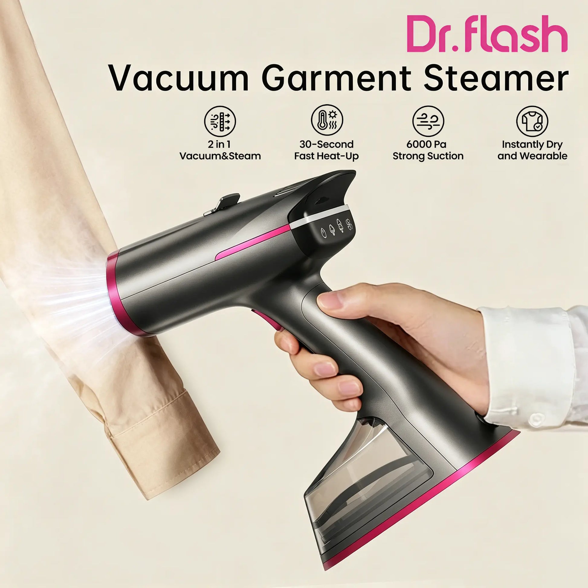 Dr.Flash Vacuum Garment Steamer, Suction Steamer &Iron 2 in 1,270Ml Big Capacity, 1400W Handheld Clothes Steamer, Portable Travel & Household Iron for Clothes, Fabrics, Large Cerannic Heat Panel