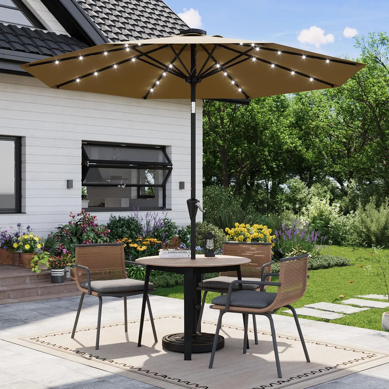 [Summervibes] Garvee 15Ft Large Outdoor Patio Umbrella with Base – LED Light Option, Double-Sided, Crank Handle, Waterproof, Comes with Weighted Base and Sandbag, Accommodates 10 People, Great for Poolside, Garden, Lawn, Backyard, Deck and Beach