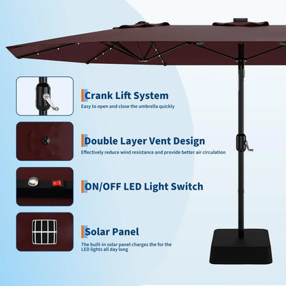 [Summervibes] Garvee 15Ft Large Outdoor Patio Umbrella with Base – LED Light Option, Double-Sided, Crank Handle, Waterproof, Comes with Weighted Base and Sandbag, Accommodates 10 People, Great for Poolside, Garden, Lawn, Backyard, Deck and Beach