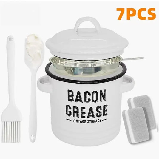 46Oz Rustic Filter-Type Enamel Bacon Grease Container with Handle, Fine Mesh Strainer, Food-Grade Spatula, Dishwasher-Safe Fat Keeper for Cook, Steel Colander Kitchen Accessories, Rustic Enamel Jar Keeps Fat Handy