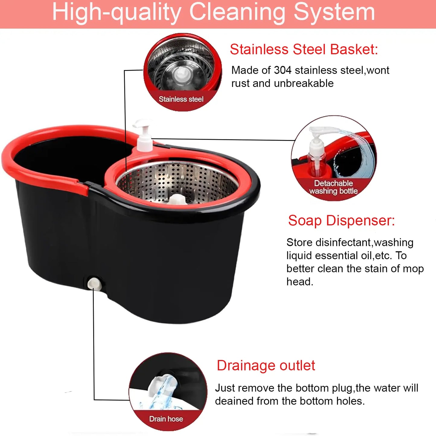 Spin Mop and Bucket with Wringer Set, 360° Spinning Mop Bucket System with 3 Microfiber Mop Replacement Heads Refills, 61" Stainless Steel Extended Handle for Floor Cleaning Home Office(20Qt)
