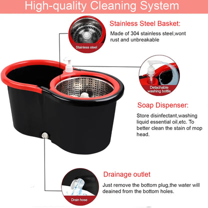 Spin Mop and Bucket with Wringer Set, 360° Spinning Mop Bucket System with 3 Microfiber Mop Replacement Heads Refills, 61" Stainless Steel Extended Handle for Floor Cleaning Home Office(20Qt)