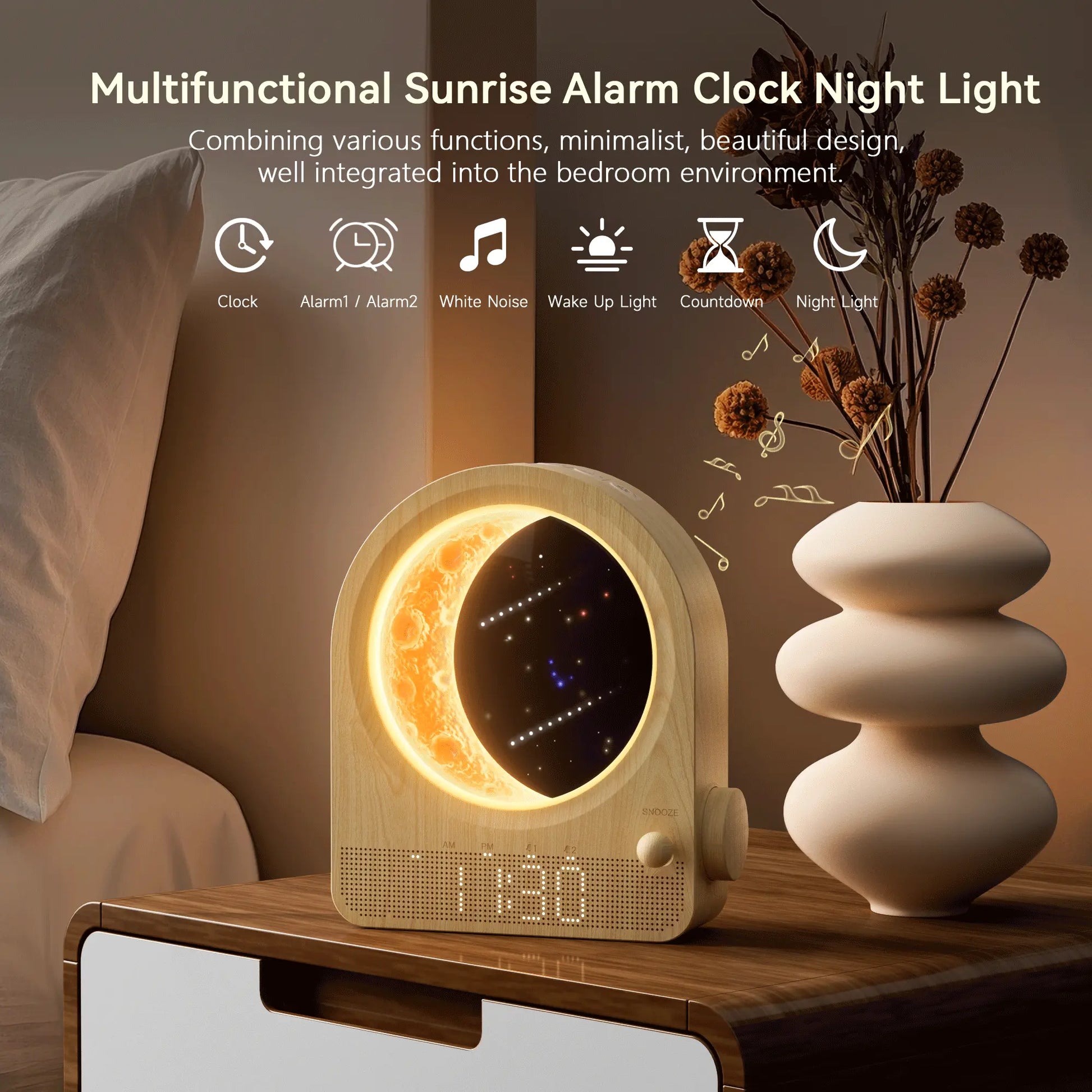 Blonbar Plastic Adjustable Digital Sunrise Alarm Clock - Home Accessory Decor, White Noise Sleep Aid, Moonlight & Meteor Projection, Dimmable Night Light, Star Elements, Nature Songs, Ideal Gift for Roommates