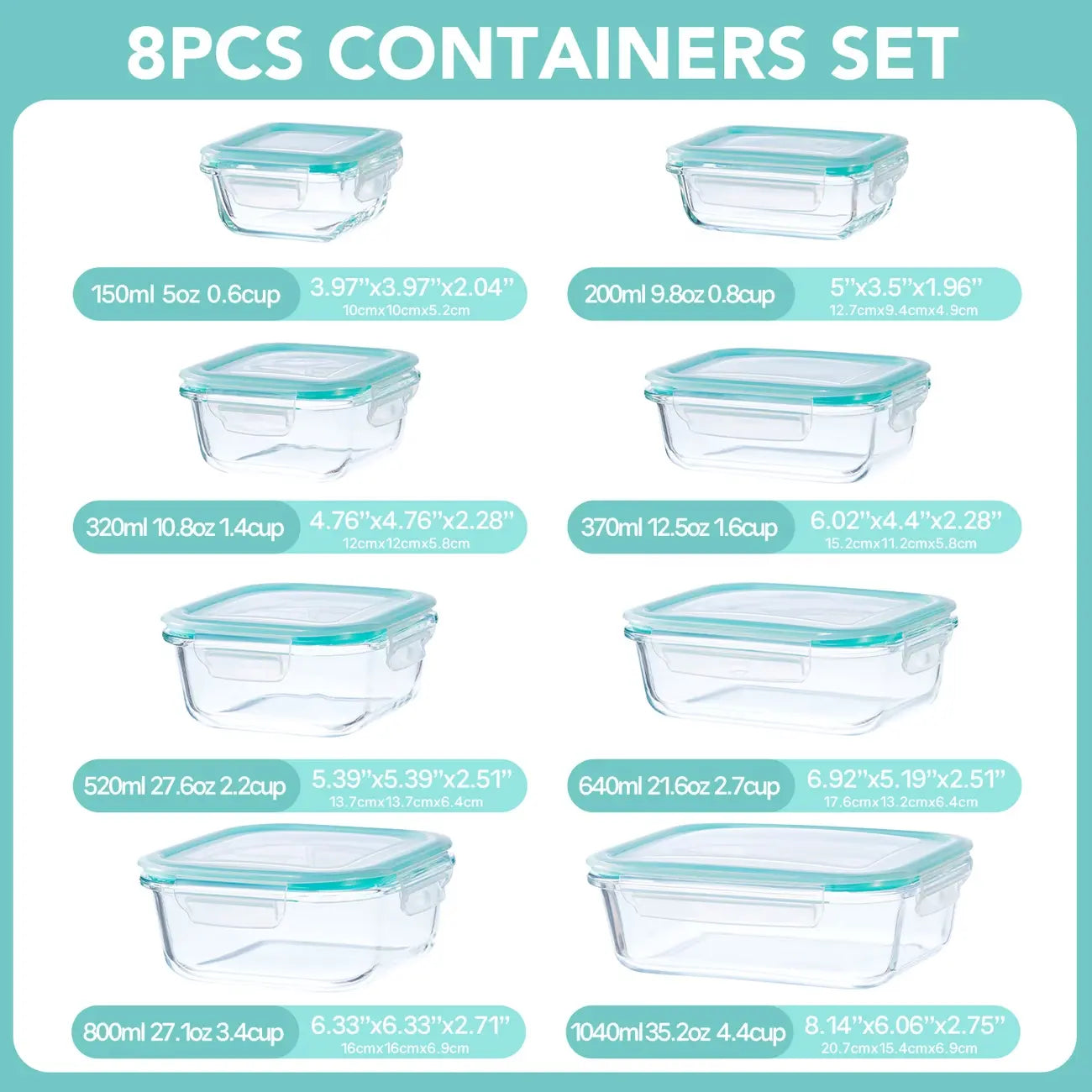 16Pcs Kitchen Glass Snap Lid Food Storage Containers Set (8 Lids+8 Containers) - Durable Sealed Household Items, Microwave/Oven-Safe Utensils for Salads, Fruits, Meal Prep, Lunch Boxes