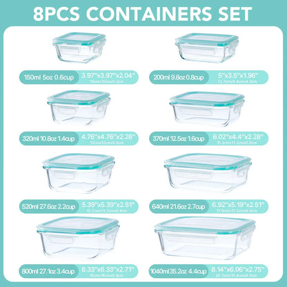 16Pcs Kitchen Glass Snap Lid Food Storage Containers Set (8 Lids+8 Containers) - Durable Sealed Household Items, Microwave/Oven-Safe Utensils for Salads, Fruits, Meal Prep, Lunch Boxes