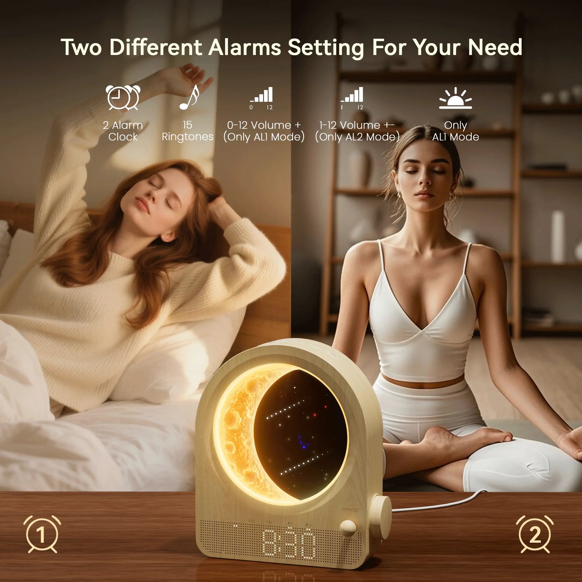 Blonbar Plastic Adjustable Digital Sunrise Alarm Clock - Home Accessory Decor, White Noise Sleep Aid, Moonlight & Meteor Projection, Dimmable Night Light, Star Elements, Nature Songs, Ideal Gift for Roommates
