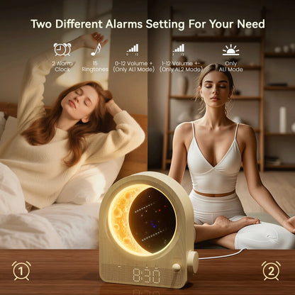 Blonbar Plastic Adjustable Digital Sunrise Alarm Clock - Home Accessory Decor, White Noise Sleep Aid, Moonlight & Meteor Projection, Dimmable Night Light, Star Elements, Nature Songs, Ideal Gift for Roommates