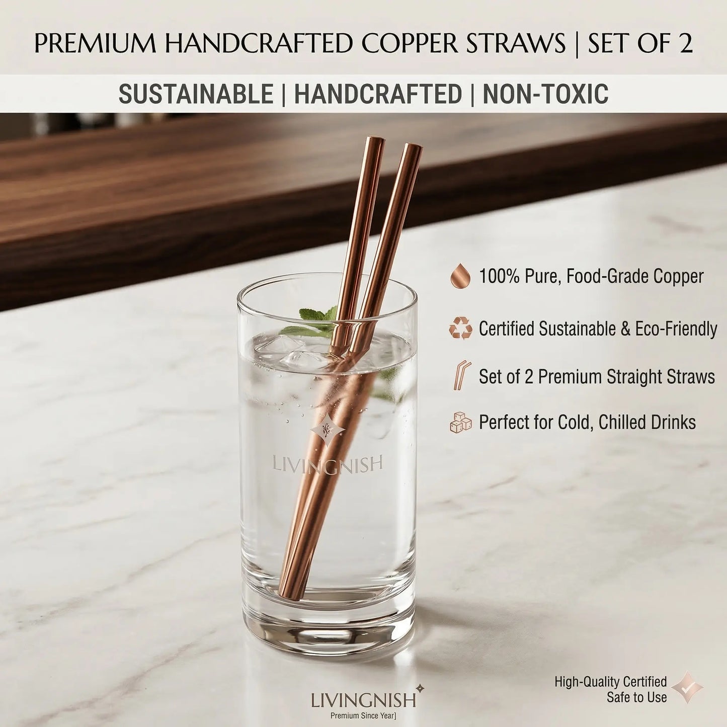 Livingnish Elegant 11-In Pure Copper Reusable Metal Drinking Straws, 2-Piece Set for Moscow Mule Mugs, Everyday Hydration & Livingnish Copper Water Bottle Compatibility