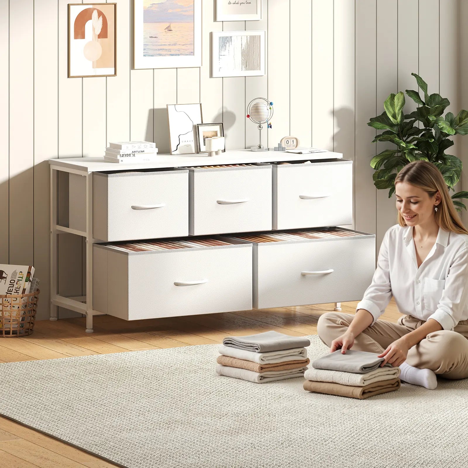 【Back to School】5-Drawer Fabric Storage Tower Dresser, Solid, Stable, Multifunctional Cupboard Cabinet with Fabric Bins, Apartment Furniture for Bedroom Closet Organization, Entryway Use, Room Accessories, Aesthetic Decor, Living Room Decorations