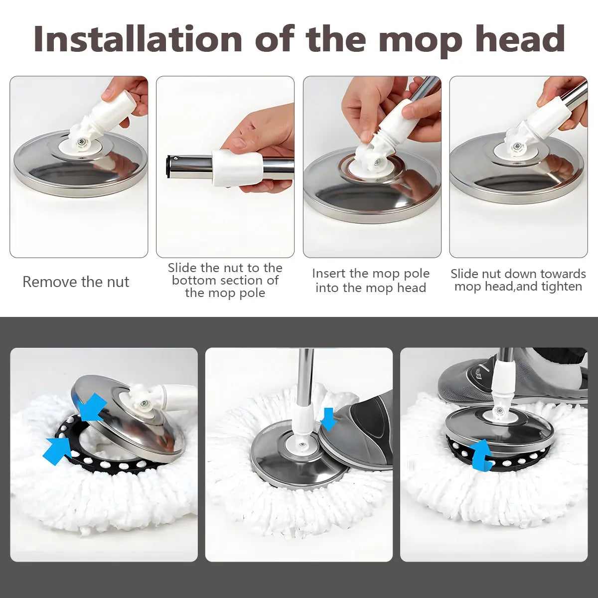Microfiber Floor Mop with Bucket Set - 360° Rotating Mop Head, 3 Washable Microfiber Heads, 61/48-Inch Adjustable Long Handle, Efficient Cleaning Supplies for Households, 61 In