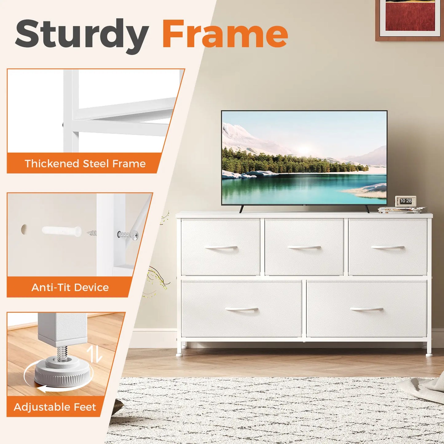 【Back to School】5-Drawer Fabric Storage Tower Dresser, Solid, Stable, Multifunctional Cupboard Cabinet with Fabric Bins, Apartment Furniture for Bedroom Closet Organization, Entryway Use, Room Accessories, Aesthetic Decor, Living Room Decorations