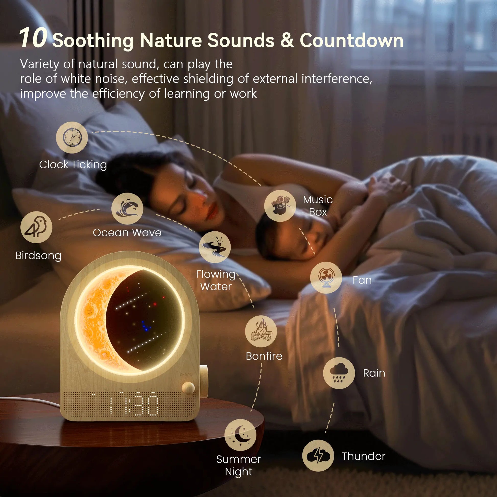 Blonbar Plastic Adjustable Digital Sunrise Alarm Clock - Home Accessory Decor, White Noise Sleep Aid, Moonlight & Meteor Projection, Dimmable Night Light, Star Elements, Nature Songs, Ideal Gift for Roommates
