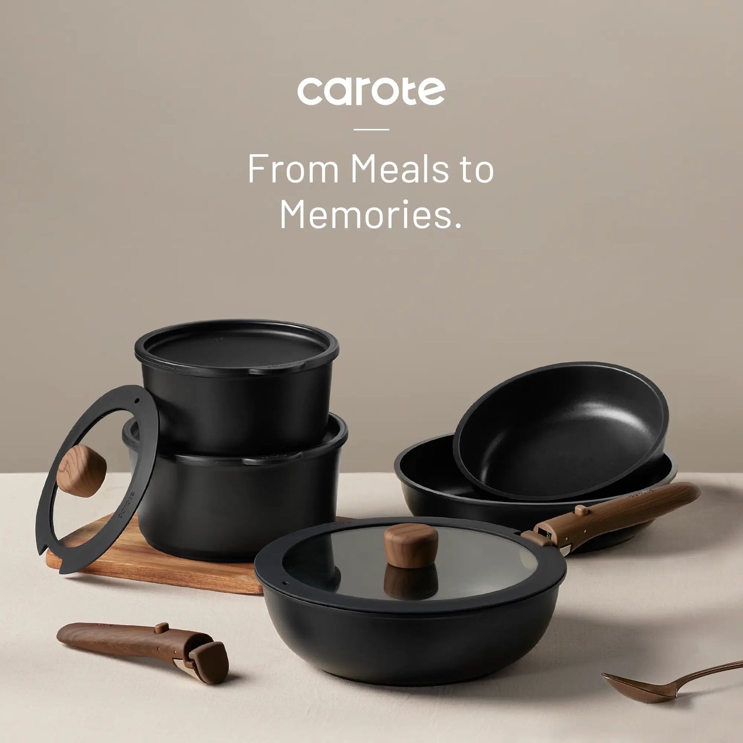 [Official]Carote 19/22/26Pcs Pots and Pans Non Stick, Wooden Detachable Handle, Cookware Sets Induction Kitchen Pots and Pans,Nonstick Cooking Set, Oven/Dishwasher/Fridge Safe, Space Saving, Fry, Silicone, Pots and Pans Set