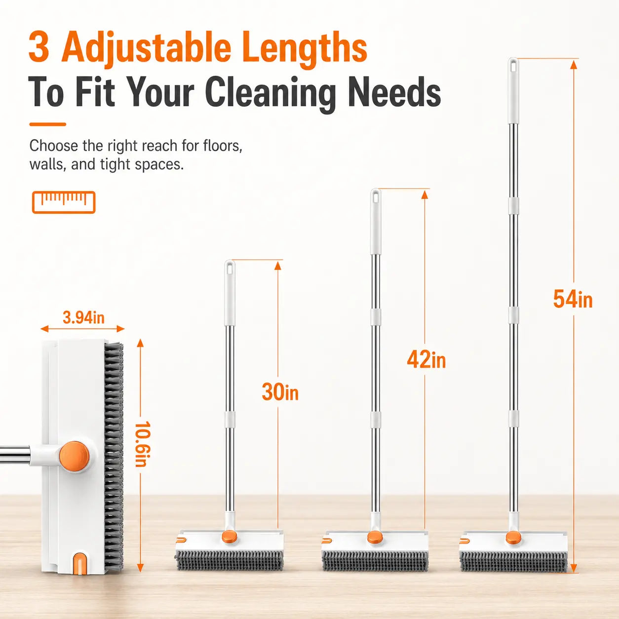 Snofrid Floor Scrub Brush, 3 in 1 Floor Scrub Brush with 54-In Adjustable Long Handle and Scraper Heavy Duty Stiff Bristle Floor Scrubber for Cleaning Shower Bathroom Kitchen Patio Garage Pool Wall and Deck, Orange&White