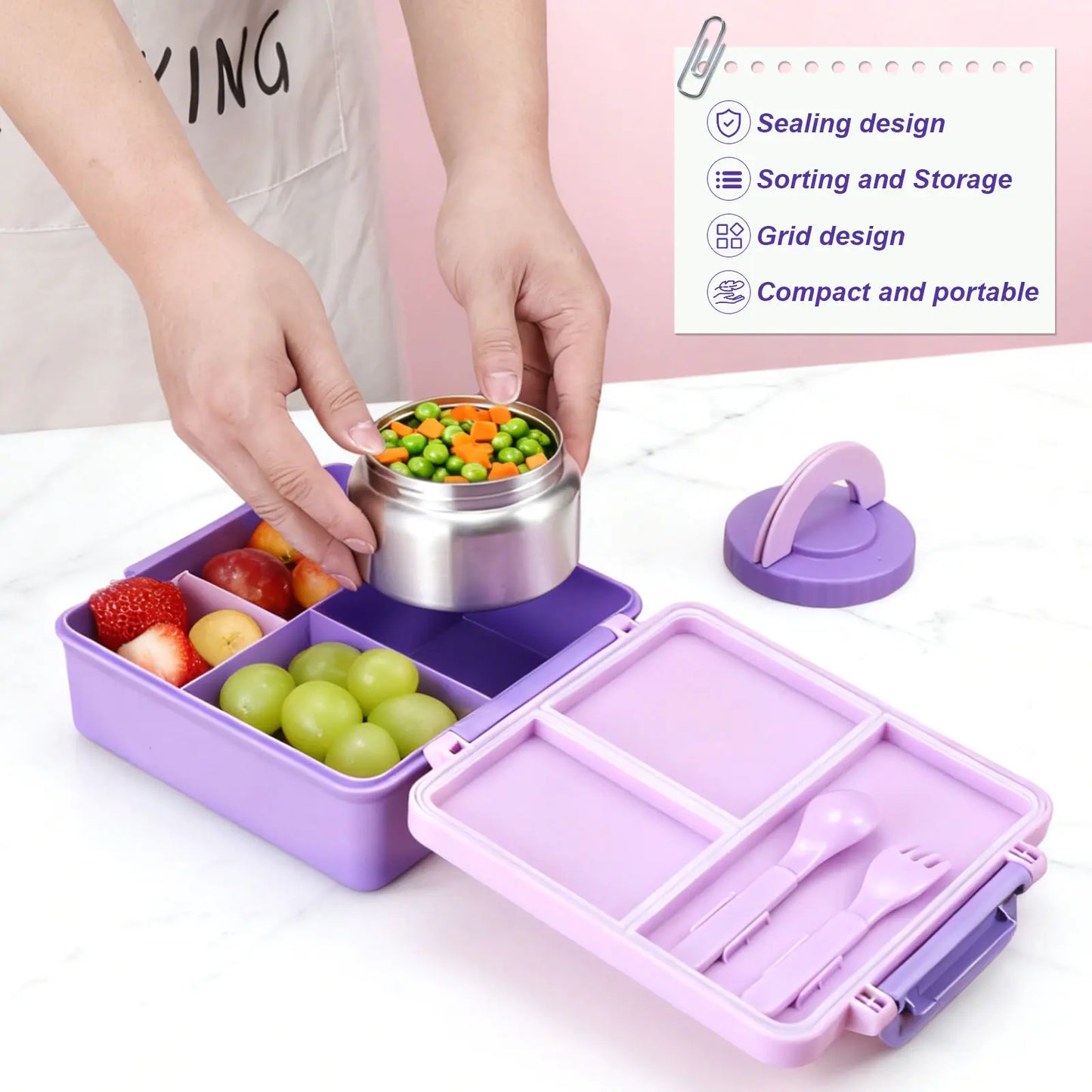 Chiclab Thermal Insulation Bento Lunch Box - 4 Compartments, 8Oz Leakproof Soup Thermos, Back to School School Lunch Pack, Keeps Hot Food Hot up to 6H for Travel