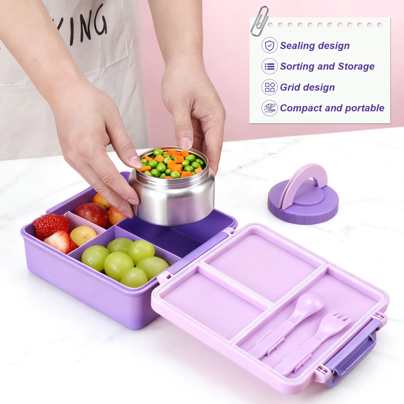 Chiclab Thermal Insulation Bento Lunch Box - 4 Compartments, 8Oz Leakproof Soup Thermos, Back to School School Lunch Pack, Keeps Hot Food Hot up to 6H for Travel