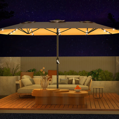 [Summervibes] Garvee 15Ft Large Outdoor Patio Umbrella with Base – LED Light Option, Double-Sided, Crank Handle, Waterproof, Comes with Weighted Base and Sandbag, Accommodates 10 People, Great for Poolside, Garden, Lawn, Backyard, Deck and Beach