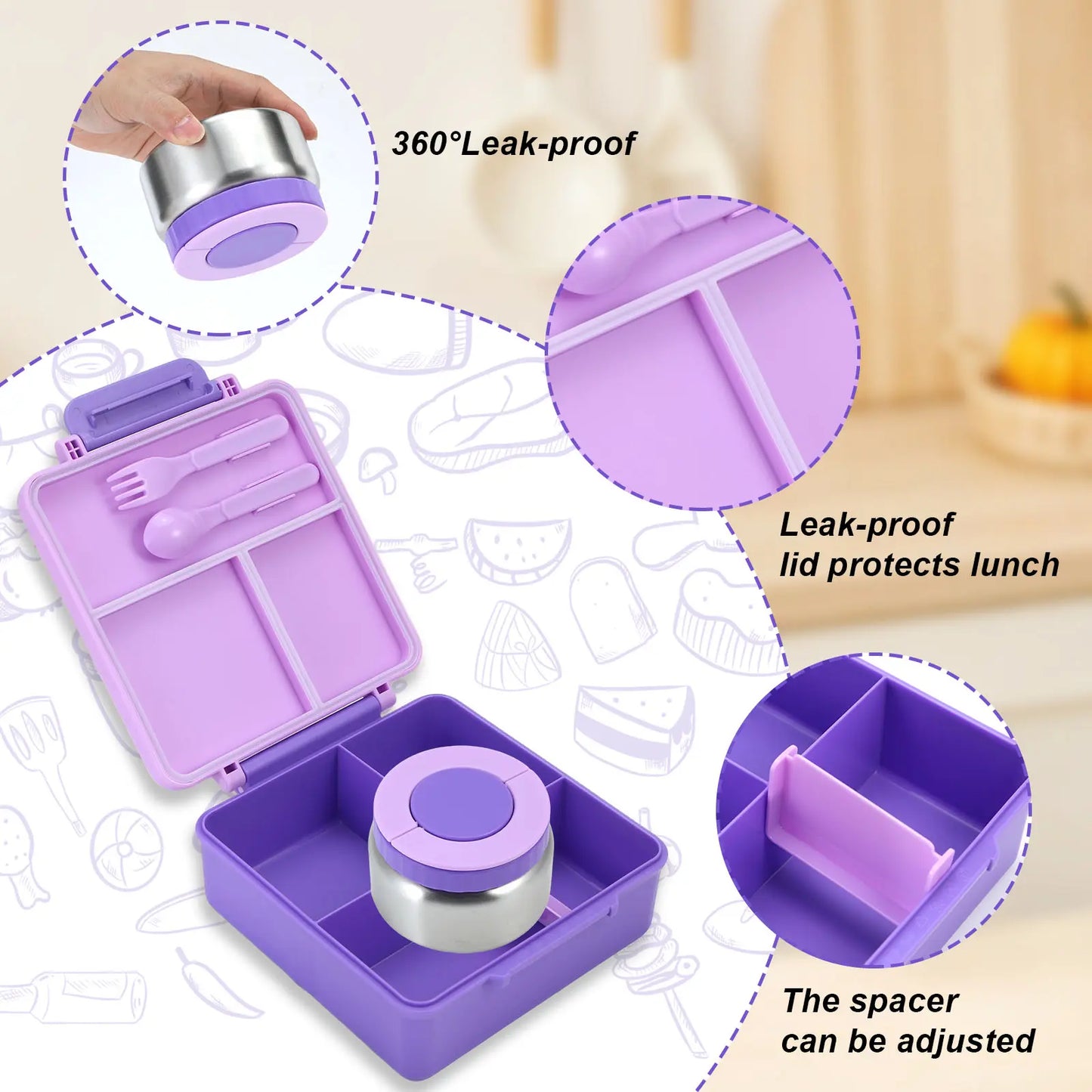 Chiclab Thermal Insulation Bento Lunch Box - 4 Compartments, 8Oz Leakproof Soup Thermos, Back to School School Lunch Pack, Keeps Hot Food Hot up to 6H for Travel