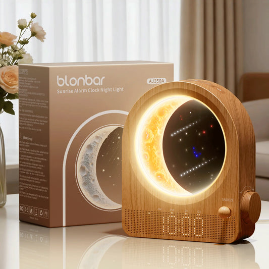 Blonbar Plastic Adjustable Digital Sunrise Alarm Clock - Home Accessory Decor, White Noise Sleep Aid, Moonlight & Meteor Projection, Dimmable Night Light, Star Elements, Nature Songs, Ideal Gift for Roommates