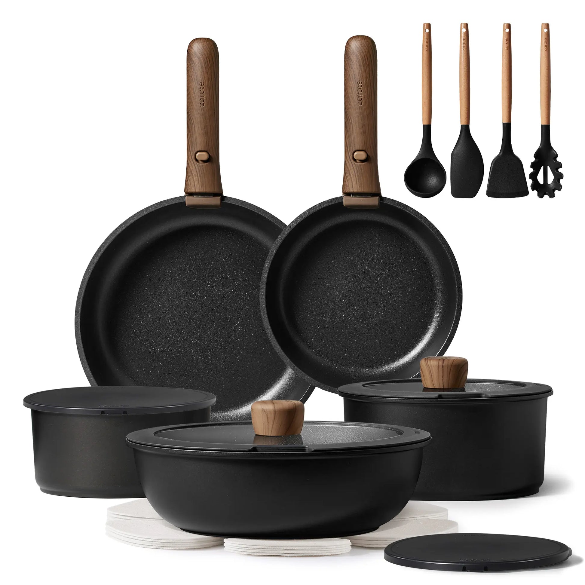 [Official]Carote 19/22/26Pcs Pots and Pans Non Stick, Wooden Detachable Handle, Cookware Sets Induction Kitchen Pots and Pans,Nonstick Cooking Set, Oven/Dishwasher/Fridge Safe, Space Saving, Fry, Silicone, Pots and Pans Set