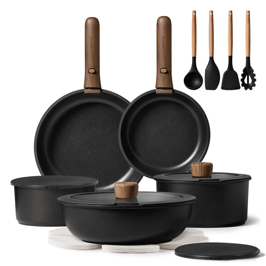 [Official]Carote 19/22/26Pcs Pots and Pans Non Stick, Wooden Detachable Handle, Cookware Sets Induction Kitchen Pots and Pans,Nonstick Cooking Set, Oven/Dishwasher/Fridge Safe, Space Saving, Fry, Silicone, Pots and Pans Set
