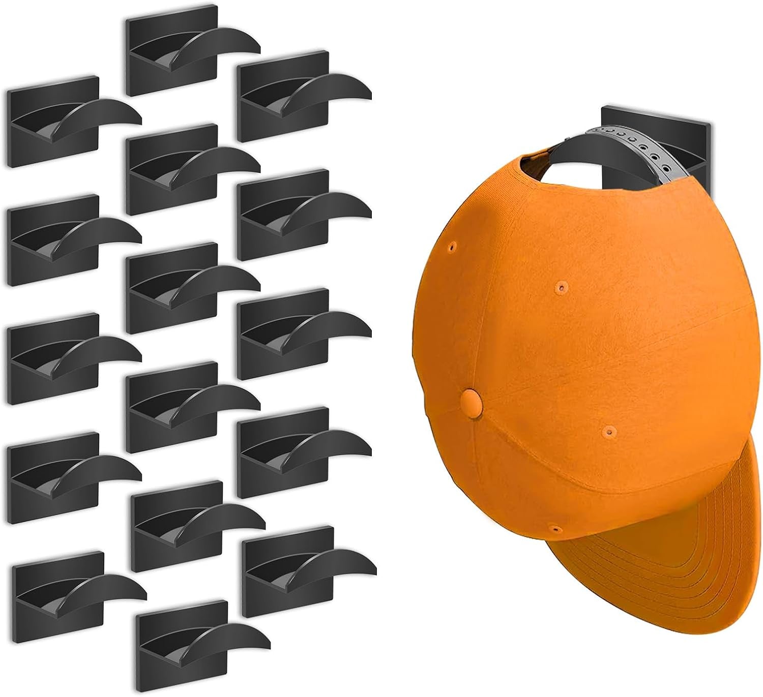 Adhesive Hat Hooks for Wall (16-Pack), Hat Rack for Baseball Caps, Minimalist Hat Display, Strong Hold Hat Hangers, No Drilling, Hat Holder Organizer for Wall (Black)